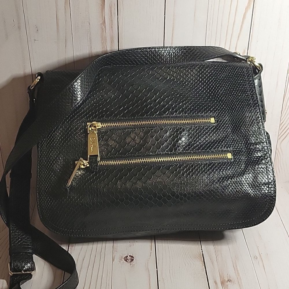 Cole Haan Black Snake Print Leather Crossbody Messenger Bag